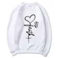 Women's white long sleeve crewneck sweatshirt with faith heart line art print main view. - S / Tops / White