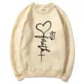 Beige crewneck long sleeve sweatshirt with faith cross heart butterfly print for women. - Khaki
