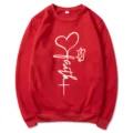 Red crewneck long sleeve sweatshirt with cute faith heart and butterfly print for women. - Red