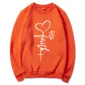Orange long sleeve crewneck sweatshirt for women with white heart faith graphic print casual top - Orange