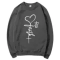 Dark grey crew neck long sleeve sweatshirt featuring white faith heart butterfly print casual top - Dark Gray