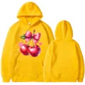 Gelber Langarm Hoodie mit süßem Kirsch-Schleifen-Druck, lässiger Unisex Pullover. - Gelb