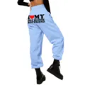 Damen hohe Taille lose Jogginghose hellblau Freizeithose Sporthose mit Buchstabe Druck hinten - S / Unterteile / Hellblau