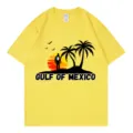 Classic yellow cotton short sleeve t-shirt with gulf of mexico tropical sunset graphic. - S / Tops / Yellow