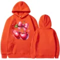 Oranger Hoodie mit süßem Kirsch- und Schleifen-Druck. Lässiger Langarm Pullover für den Alltag. - Orange