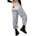 Damen High Waist lässige graue Jogginghose mit Grafikprint, bequeme lose Freizeithose für Damen - S / Unterteile / Hellgrau