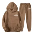 Women casual two piece tracksuit brown hoodie and long sweatpants set with Los Angeles print. - S / Top And Bottom / Coffee