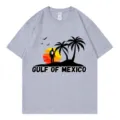 Casual cotton short sleeve t-shirt featuring Gulf of Mexico sunset palm tree graphic print streetwear. - S / Tops / Gray