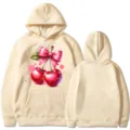 Lässiger Langarm-Kapuzenpullover mit süßem Kirsch-Schleifen-Grafikdruck für Damen und Herren. - Khaki