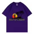 Purple short sleeve cotton t-shirt with Gulf of Mexico sunset palm tree graphic print. - S / Tops / Purple
