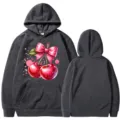 Dunkelgrauer Langarm Kapuzenpullover mit niedlichem Kirsch-Schleifen-Print, lässige Unisex Mode. - Dunkelgrau
