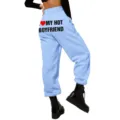 Women high waist loose sweatpants casual jogger pants with pockets and slogan print blue - S / Light Blue