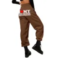 Comfortable high-waist brown women's sweatpants with graphic print, casual streetwear jogger. - S / Bottoms / Coffee