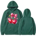 Grüne Kapuzenpullover mit Kirsche Schleife Print Langarm Freizeit Sweatshirt Unisex - Dunkelgrün