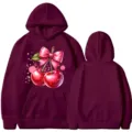 Lässiger Damen Herren Langarm Hoodie mit süßem Kirsch Schleife Grafikprint Pullover Oberteil. - Burgunderrot