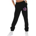 Comodi pantaloni della tuta neri a vita alta con stampa floreale viola, tasche e polsini. - Taglia S / Parte Inferiore (262626+) / Nero