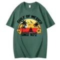 T-shirt en coton vert avec impression coucher de soleil golfe du Mexique, haut manches courtes. - S / Hauts / Vert Foncé