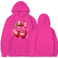 Knalliges, pinkes Langarm-Kapuzensweatshirt mit niedlichem Kirsch- und Schleifen-Print. - Fuchsia
