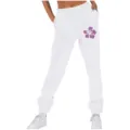 Donna pantaloni tuta bianchi vita alta larghi con stampa fiore viola e tasche casual comodi. - Taglia S / Parte Inferiore (262626+) / Bianco
