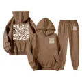 Brown hoodie and sweatpants set featuring modern QR code prints, loose fit for autumn winter. - S / Top And Bottom / Camel