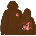 Sweat-shirt à capuche marron avec imprimé cerise, streetwear à manches longues décontracté. - Café
