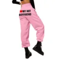 Women Pink High Waist Loose Sweatpants Casual Joggers with Pockets Letter Print Pants - S / Pink