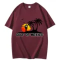 Casual burgundy short sleeve cotton t-shirt with gulf of mexico palm tree graphic print - S / Tops / Burgundy