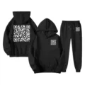 Black QR code printed hoodie and sweatpants set, casual loose fit long sleeve apparel. - S / Top And Bottom / Black