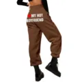 Women high waist loose sweatpants casual brown jogger pants with pocket and print back - S / Coffee