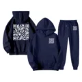 Men Women Autumn Winter Navy Blue QR Code Print Hoodie Casual Sweatpants Tracksuit Set - S / Top And Bottom / Navy Blue