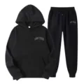 Black two-piece casual hoodie and sweatpants set with New York letter print for women. - S / Top And Bottom / Black 2
