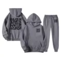 Grey QR code print casual loose hoodie and sweatpants tracksuit set for men and women - S / Top And Bottom / Dark Gray