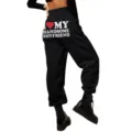 Black high waist sweatpants for women, casual jogger pants with printed graphic design. - S / Bottoms / Black 2