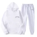 White two-piece casual hoodie and sweatpants tracksuit set with letter print for women. - S / Top And Bottom / White 2