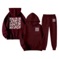 Maroon QR code print hoodie tracksuit set with comfortable casual sweatpants variant. - S / Top And Bottom / Burgundy