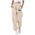 Pantaloni della tuta in pile beige a vita alta, stampa grafica con panda carino e tasche. - Taglia S / Pantaloni e gonne / Kaki