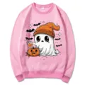 Sudadera rosa de cuello redondo para mujer y hombre con lindo diseño de fantasma de Halloween. - S / Tops / Rosa Eslogan