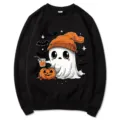 Sudadera negra cuello redondo con estampado de fantasma de Halloween, jersey casual manga larga. - S / Tops / Negro Eslogan