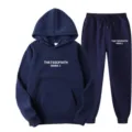 Damen Fleece Kapuzenpullover und Jogginghose Set dunkelblau Buchstaben Druck Trainingsanzug - S / Oberteil und Unterteil / Marineblau