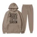 Conjunto de chándal de felpa kaki con capucha y estampado de Jesus para hombres y mujeres. - S / Parte Superior Y Inferior / Caqui