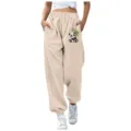 Pantaloni della tuta beige casual con stampa panda, comoda vita con coulisse e polsini elastici. - Taglia S / Pantaloni e gonne / Kaki