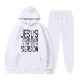 Conjunto de chandal con capucha de felpa blanca estampado religioso casual streetwear - S / Parte Superior Y Inferior / Blanco