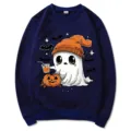 Sudadera de cuello redondo y manga larga con estampado de fantasma lindo para Halloween. - S / Tops / Azul Marino Eslogan
