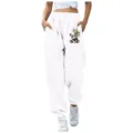 Pantaloni della tuta larghi bianchi con stampa panda carino, pantaloni casual con coulisse. - Taglia S / Pantaloni e gonne / Bianco