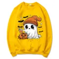 Sudadera cuello redondo Halloween para hombre y mujer, lindo estampado fantasma calabaza. - S / Tops / Amarillo Eslogan