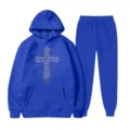 Completo felpa con cappuccio in pile blu e pantaloni con stampa di croce religiosa - Taglia S / Top E Pantaloni / Blu