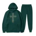 Set Tuta Felpa con Cappuccio Pile Uomo Donna Verde Scuro Stampa Croce Pantaloni - Taglia S / Top E Pantaloni / Verde scuro