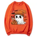 Sudadera naranja de cuello redondo con gráfico de fantasma lindo de Halloween para top - S / Tops / Naranja Eslogan
