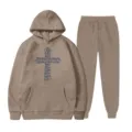 Completo felpa con cappuccio e pantaloni kaki in felpa, stampa croce, streetwear. - Taglia S / Top E Pantaloni / Kaki