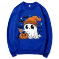 Sudadera azul de cuello redondo con gracioso gráfico de fantasma de Halloween, calabaza y gorro. - S / Tops / Azul 311